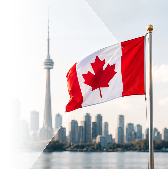 Canadian flag with Toronto skyline